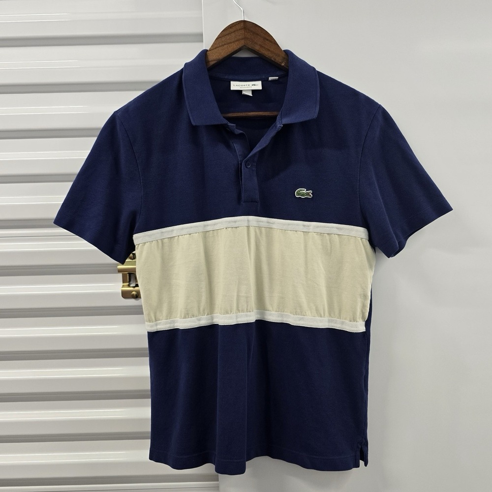 Lacoste Men's M Navy Polo Shirt Custom Cream Colorblock Reworked Croc Logo